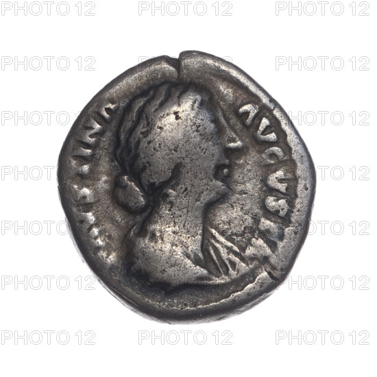 Denarius of Faustina the Younger (ca. 130–176), Roman empress 161–176; issuer Marcus Aurelius (121–180), Roman emperor 161–180. Obverse: bust of Faustina II in drapery facing right, inscription FAVSTINA · AVGVSTA. Reverse: Hilaritas standing left, holding a palm branch in her right hand and a cornucopia in her left, inscription HIL · A · RITAS. Date attributed 161–176, Rome, Roman Empire. Coin; weight 2.66 g; diameter ca. 17.5–18.0 mm; axis 180°.
