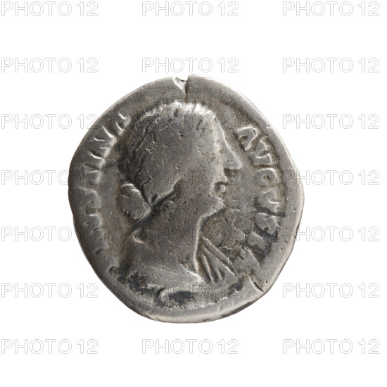 Denarius of Faustina the Younger (ca. 130–176), wife of Marcus Aurelius (121–180); Roman Empire, Rome, 161–176. Obverse: bust of Faustina II in drapery facing right, inscription FAVSTINA · AVGVSTA. Reverse: Hilaritas standing left, holding a palm branch in her right hand and a cornucopia in her left, inscription HIL · A · RITAS. Coin; silver; weight 2.66 g; diameter ~17.5–18.0 mm; axis 180°.
