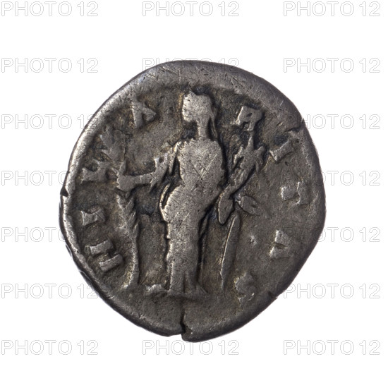 Denarius of Faustina the Younger (ca. 130–176; Roman empress 161–176) issued under Marcus Aurelius (121–180; Roman emperor 161–180). Obverse: bust of Faustina II in drapery facing right, inscription 'FAVSTINA · AVGVSTA.' Reverse: Hilaritas standing left, holding a palm branch in her right hand and a cornucopia in her left, inscription 'HIL · A · RITAS.' Date: 161–176, Rome, Roman Empire. Coin; diameter 17.5–18.0 mm, weight 2.66 g, axis 180°.