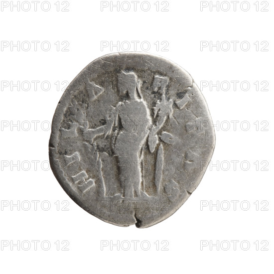 Denarius of Faustina the Younger (ca. 130–176), Roman empress 161–176; issuer Marcus Aurelius (121–180), Roman emperor 161–180. Bust of Faustina II in drapery facing right, inscription FAVSTINA·AVGVSTA. Reverse: Hilaritas standing left, holding a palm branch in her right hand and a cornucopia in her left, inscription HIL·A·RITAS. Date ca. 161–176, Rome, Roman Empire. Coin; weight 2.66 g; diameter 17.5–18.0 mm; axis 180°.