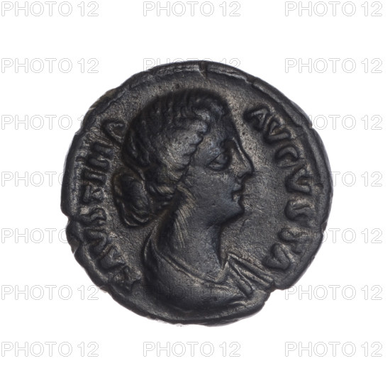 Denarius of Faustina the Younger (ca. 130–176), Roman empress 161–176; issuer Marcus Aurelius (121–180), Roman emperor 161–180. Obverse: bust of Faustina II in drapery facing right, inscribed FAVSTINA · AVGVSTA. Reverse: Ceres veiled, seated on a basket (cista) facing left, holding ears of corn in her extended right hand and a long torch in her left, inscribed C · E · RES. Roman Empire, 161–176. Silver coin; diameter 18.0 mm, weight 2.70 g, axis 0°.