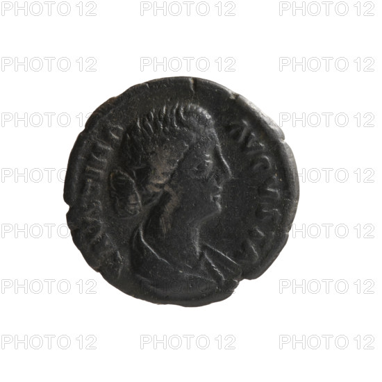 Denarius of Faustina the Younger (ca. 130–176), Marcus Aurelius (issuer). Obverse: Bust of Faustina II in drapery facing right, inscription FAVSTINA · AVGVSTA. Reverse: Ceres veiled, seated on a basket (cista) facing left, holding ears of corn in her right hand and a long torch in her left, inscription C · E · RES. Roman Empire (27 BC–476), Rome, ca. 161–176. Coin; silver; diameter 18.0 mm; weight 2.70 g; axis 0°.