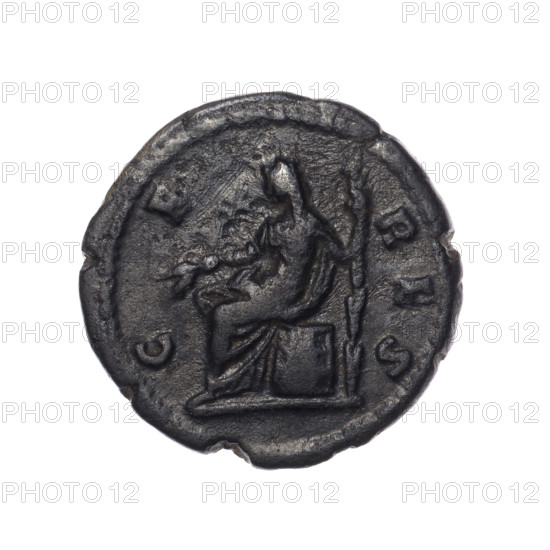 Denarius of Faustina the Younger (ca. 130–176), wife of Marcus Aurelius (121–180). Obverse: bust of Faustina II in drapery facing right, inscription FAVSTINA·AVGVSTA. Reverse: Ceres veiled, seated on a basket (cista) facing left, holding ears of corn in her extended right hand and a long torch in her left, inscription C·E·RES. Roman Empire, ca. 161–176. Coin; silver; diameter 18.0 mm; weight 2.70 g; axis 0°.