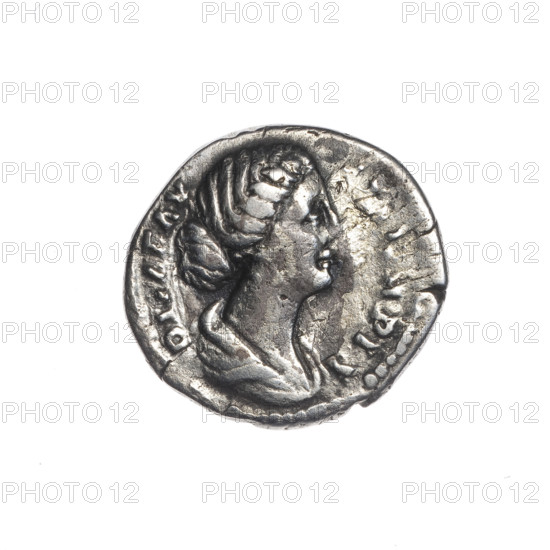 Denarius, Faustina the Younger (ca. 130–176; Roman empress 161–176) (posthumous). Issuer: Marcus Aurelius (121–180; Roman emperor 161–180). Obverse: Bust of Faustina II in drapery facing right, inscription DIVA FAV—, A PIA all around. Reverse: Peacock standing right with folded tail, head turned left, inscription CO—, CRATIO all around. After 176, Roman Empire (27 BC–476), Rome. Coin; weight 3.10 g; diameters 17.5–18.5 mm; axis 0°.