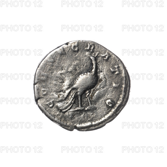 Denarius, Faustina the Younger (ca. 130–176; Roman empress 161–176) (posthumous), issuer: Marcus Aurelius (121–180; Roman emperor 161–180). Obverse: Bust of Faustina II in drapery facing right, inscription DIVA FAV - A PIA all around. Reverse: Peacock standing right with folded tail, head turned left, inscription CO, CRATIO all around. After 176, Roman Empire (27 BC–476), Rome. Coin; diameter ~17.5–18.5 mm; weight 3.10 g; axis 0°.