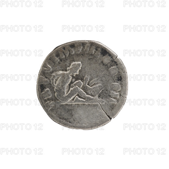 Denarius of Lucius Verus (130–169; Roman emperor 161–169). Obverse: Head of Lucius Verus with laurel wreath facing right; inscription L V, RVS AVG ARM - PARTH MAX. Reverse: Parthian prisoner sitting right, hands tied behind his back, next to him a bow, quiver, and shield; inscription TR PV IMP III COS II. Date: 165. Place: Rome, Roman Empire. Coin; diameter 18.0 mm; weight 2.90 g; axis 195°.