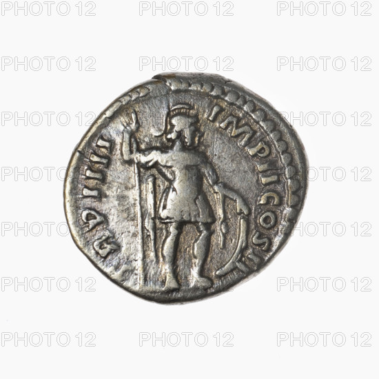 denarius, Lucius Verus (130–169; Roman emperor 161–169), issuer Lucius Verus; obverse: head of Lucius Verus bare, right, inscription L VERVS AVG - ARMENIACVS; reverse: Mars standing right, holding a spear in his right hand and resting his left on a round shield on the ground, inscription TR P IIII - IMP II COS II; date 163–164; Roman Empire (27 BC–476), Rome; coin; weight 3.3 g; diameter 17.5–18.5 mm; axis 180 degrees.