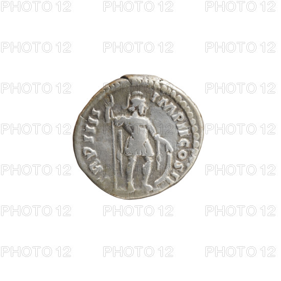 Denarius of Lucius Verus (130–169), Roman emperor 161–169; obverse: head of Lucius Verus bare to the right, inscription 'L VERVS AVG - ARMENIACVS'; reverse: Mars standing right, holding a spear in his right hand and resting his left on a round shield on the ground, inscription 'TR P IIII - IMP II COS II'; dated 163–164 CE; Roman Empire; Roman coin; diameter approx. 17.5–18.5 mm; weight 3.3 g; axis 180°.