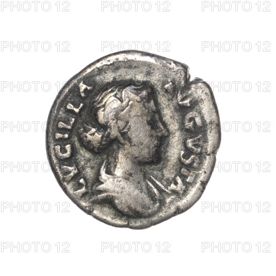 Denarius of Lucilla (149–182), Roman empress (164–169); issuer Lucius Verus (130–169), Roman emperor (161–169). Obverse: Bust of Lucilla in drapery facing right, legend 'LVCILLA · AVGVSTA'. Reverse: Venus standing left, holding Victoria in her outstretched right hand and a shield resting on the ground in her left, legend 'VENVS · VICTRIX'. Date: 164–169. Roman Empire, Rome. Coin; diameter 17.0–18.0 mm, weight 3.00 g, axis 0°.