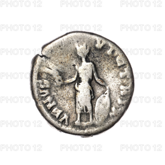 Denarius of Lucilla (149–182), Lucius Verus (130–169) issuer. Obverse: Bust of Lucilla in drapery facing right, inscription LVCILLA - AVGVSTA. Reverse: Venus standing left, holding Victoria in her outstretched right hand and a shield in her left resting on the ground, inscription VENVS - VICTRIX. Date: 164–169 CE, Roman Empire (27 BCE–476 CE), Rome. Coin; diameter 17.0–18.0 mm, weight 3.00 g, axis 0°.