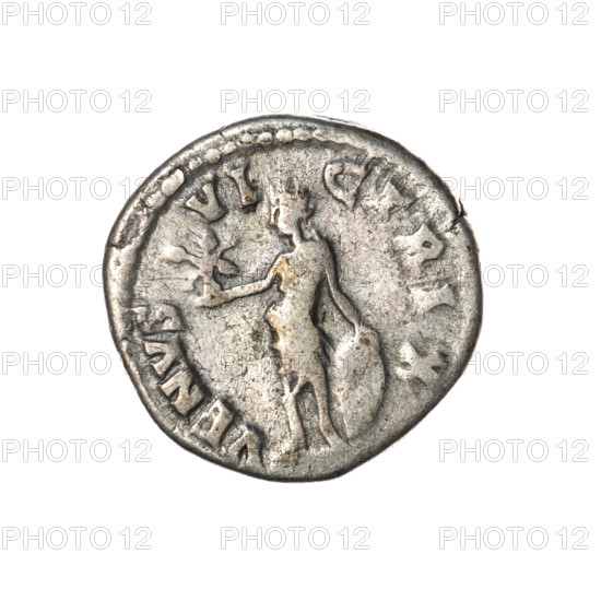 Denarius; obverse: bust of Lucilla in drapery facing right, inscription LVCILLA·AVGVSTA; reverse: Venus stands left, holding Victoria in her outstretched right hand and a shield with her left hand, inscription VENVS·VI·CTRIX; issuer: Lucius Verus; date: 164–169; Roman Empire, Rome; material: coin; weight 3.4 g; diameter ~17–18 mm; axis 180°.