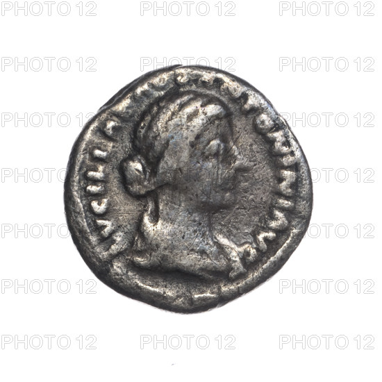 Denarius, Lucius Verus (130–169; Roman emperor 161–169), issuer; Lucilla (149–182; Roman empress 164–169); obverse: bust of Lucilla in drapery facing right, inscription 'LVCILLAE AVG ANTONINI AVG F' all around; reverse: Juno in a veil stands left, stretches her right hand forward and holds a small child in her left, inscription 'IVNONI - LVCINAE' all around; date: 164–169; Roman Empire (27 BC–476); Rome; coin; weight 3.23 g; diameter 18.0 mm; axis 15°.