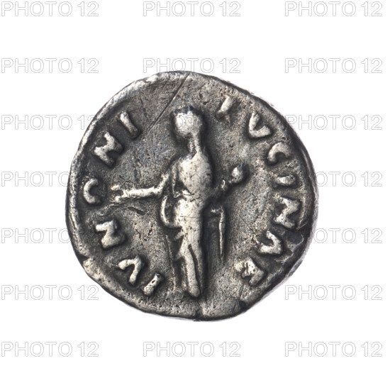 Denarius, Lucius Verus (130–169; Roman emperor 161–169), issuer; Lucilla (149–182; Roman empress 164–169) depicted; Juno (mythology) iconography: Bust of Lucilla in drapery facing right with inscription 'LVCILLAE AVG ANTONINI AVG F' all around; reverse: Juno in a veil stands to the left, stretches her right hand forward, holds a small child in her left hand with inscription 'IVNONI - LVCINAE' all around. Date: 164–169, Roman Empire (27 BC–476). Coin; diameter 18.0 mm; weight 3.23 g; axis 15°.