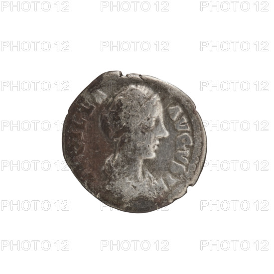 Denarius of Lucilla (149–182), Roman empress (164–169), issued under Lucius Verus (130–169; emperor 161–169). Obverse: bust of Lucilla in drapery facing right, inscription LVCILLA·AVGVSTA. Reverse: Pudicitia (Modesty) seated in a veil facing left, right hand covered by her neckline, left hand resting on the seat, inscription PVDIC·ITIA. Date: 164–169 CE, Roman Empire. Coin; weight 2.55 g; diameter 17.5–18.0 mm; axis 345°.