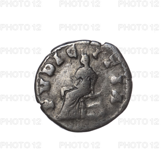 Denarius of Lucilla (149–182), wife of Lucius Verus; issuer: Lucius Verus (130–169). Obverse: Bust of Lucilla in drapery facing right, inscription LVCILLA · AVGVSTA. Reverse: Pudicitia (Modesty) seated wearing a veil, facing left; her right hand covered by her neckline, left hand resting on the seat, inscription PVDIC · ITIA. Roman Empire, 164–169. Coin; silver. Diameter ca. 17.5–18.0 mm, weight 2.55 g, axis 345°.