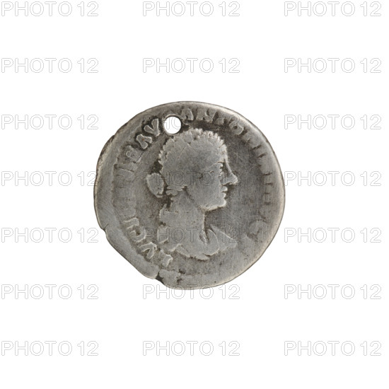 Denarius (with a hole). Obverse: Draped bust of Lucilla facing right, inscription LVCILL·AV·ANTONINI·AVG·F. Reverse: Concordia seated left on a throne, holding a patera in her right hand and resting her left hand on the statuette of Spes; inscription CO–CO–DIA around. Makers/attribution: Lucilla (Roman empress, 149–182) and Lucius Verus (Roman emperor, 130–169; issuer 161–169). Date: 164–169 CE, Roman Empire (27 BCE–476 CE), Rome. Coin: diameter 18.0 mm, weight 3.15 g, axis 0°.