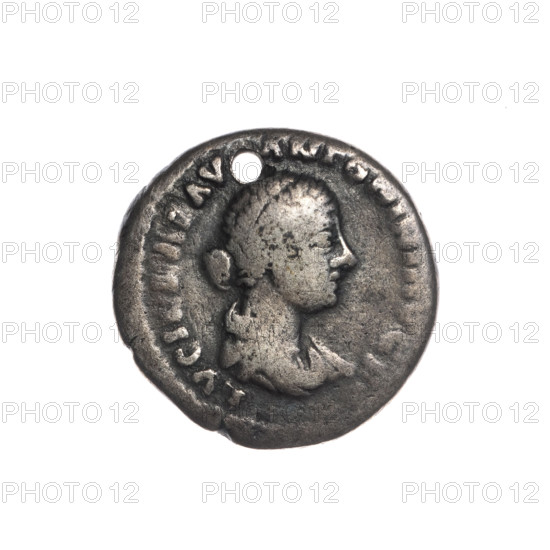 Denarius (with a hole), Lucilla (149–182; Roman empress 164–169), Lucius Verus (130–169; Roman emperor 161–169) — issuer: Lucius Verus. Obverse: Draped bust of Lucilla facing right, inscription LVCILL·AV·ANTONINI·AVG·F. Reverse: Concordia seated on a throne to left, holding a patera in her right hand and resting her left hand on a small figure of Spes; inscription CO - CO - DIA. Date: 164–169 CE, Roman Empire. Coin; diameter 18.0 mm, weight 3.15 g, axis 0°.