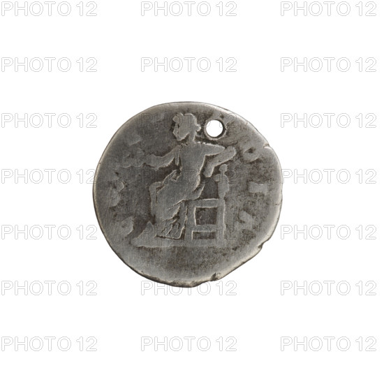 Denarius (with a hole), Lucilla (149–182; Roman empress 164–169), Lucius Verus (130–169; Roman emperor 161–169) — issuer Lucius Verus. Obverse: Draped bust of Lucilla facing right, legend LVCILL. AV. ANTONINI AVG F. Reverse: Concordia seated on a throne left, holding a patera in her right hand and resting her left hand on a small figure of Spes, legend CO—CO—DIA around. Date: 164–169 CE, Roman Empire. Coin: silver, diameter 18.0 mm, weight 3.15 g, axis 0°.