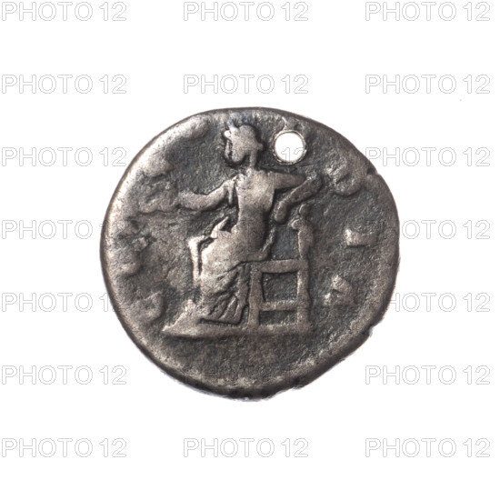 Denarius (with a hole), Lucilla (149–182; Roman empress 164–169), Lucius Verus (130–169; Roman emperor 161–169) — issuer: Lucius Verus. Obverse: Draped bust of Lucilla facing right, LVCILL AV ANTONINI AVG F. Reverse: Concordia seated on a throne to left, holding a patera in her right hand and resting her left hand on a small figure of Spes, inscription CO—CO—DIA around. Date: 164–169. Roman Empire (27 BC–476), Rome. Coin: silver denarius; diameter 18.0 mm; weight 3.15 g; axis 0°.