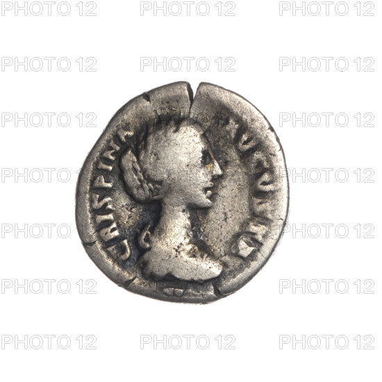 Denarius of Crispina (164–192?, Roman empress 178–192) and Commodus (161–192, Roman emperor 177–192), issuer Commodus. Obverse: Bust of Crispina in drapery facing right, inscription CRISPINA AVGVSTA. Reverse: Hilaritas (personification) standing left, holding a cornucopia in her left hand and a palm branch in her right, inscription HILARITAS. Date: 178–183. Roman Empire (27 BC–476), Rome. Coin; diameter 18.0–18.5 mm, weight 2.80 g, axis 180°.
