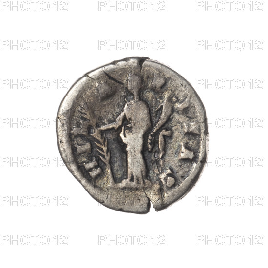 Denarius; obverse: bust of Crispina in drapery facing right, inscription 'CRISPINA AVGVSTA'; reverse: Hilaritas standing left, holding a cornucopia in her left hand and a palm branch in her right, inscription 'HIL A R ITAS'. Issuer: Commodus (Roman emperor, 177–192). Depicts Crispina (Roman empress, 178–192). Date: 178–183. Roman Empire, Rome. Coin; diameter ~18.0–18.5 mm; weight 2.80 g; axis 180°.