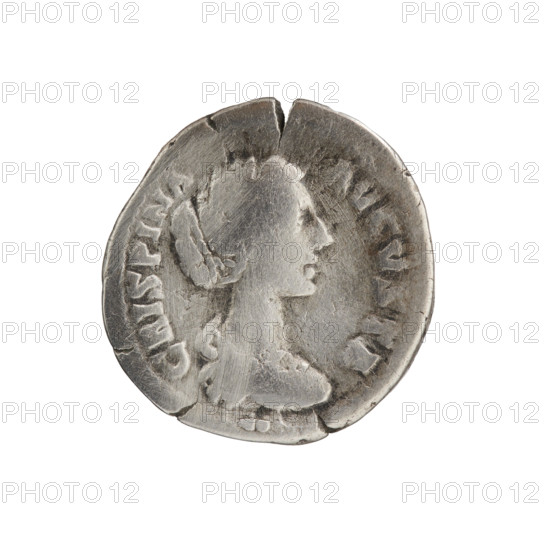 Denarius; issuer: Commodus (Roman emperor, 177–192) and Crispina (Roman empress, 178–192). Obverse: Bust of Crispina in drapery facing right, inscription CRISPINA AVGVSTA. Reverse: Hilaritas standing left, holding a cornucopia in her left hand and a palm branch in her right, inscription HILARITAS. Date: 178–183 CE. Roman Empire (27 BCE–476 CE), Rome. Coin; diameter 18.0–18.5 mm; weight 2.80 g; axis 180°.