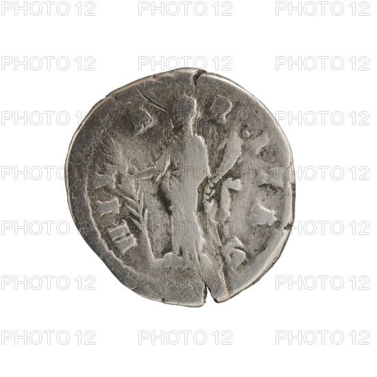 Denarius of Crispina (empress, 164–192?) and Commodus (emperor, 161–192), 178–183. Obverse: Bust of Crispina in drapery facing right, inscription 'CRISPINA AVGVSTA' around. Reverse: Hilaritas standing left, holding a cornucopia in her left hand and a palm branch in her right, inscription 'HILARITAS' around. Roman Empire, Rome. Silver coin; diameter ~18.0–18.5 mm, weight 2.8 g, axis 180°.