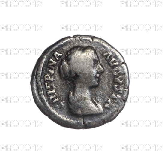 Denarius, Crispina (164–192?, Roman empress 178–192), Commodus (161–192, Roman emperor 177–192) — obverse: Bust of Crispina in drapery facing right, inscription 'CRISPINA · AVGVSTA'; reverse: Two hands in a handshake, inscription 'CONCORD · IA'; dated 178–183, Roman Empire (27 BC–476), Rome; coin; weight 2.25 g; diameter 18.0–19.0 mm; axis 0°.