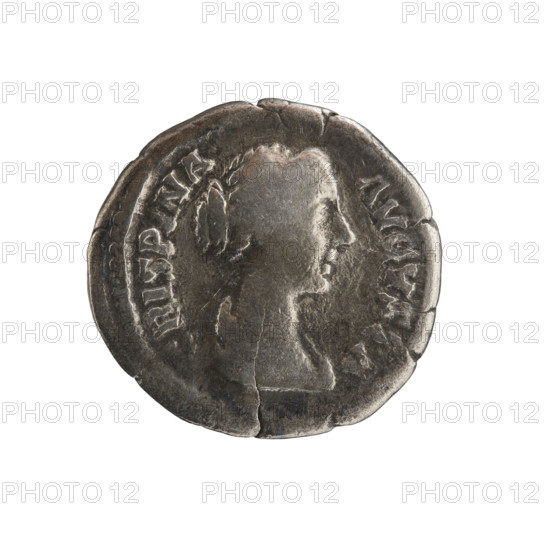 Denarius, Crispina (164–192?; Roman empress 178–192) and Commodus (161–192; Roman emperor 177–192) as issuers. Obverse: Bust of Crispina in drapery facing right, legend 'CRISPINA AVGVSTA.' Reverse: Two hands clasped in a handshake, legend 'CONCORDIA' (rendered CONCORD•IA). Date: 178–183. Roman Empire (27 BC–476), Rome. Coin; silver. Weight: 2.25 g. Diameter: 18–19 mm. Axis: 0°.