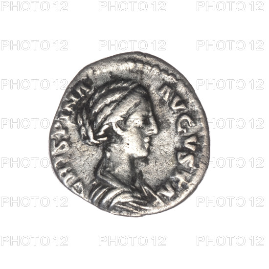 Denarius, Crispina (164–192?, Roman empress 178–192) as issuer; Commodus (161–192, Roman emperor 177–192). Obverse: Bust of Crispina in drapery facing right, legend 'CRISPINA · AVGVSTA' all around. Reverse: Venus stands upright, turns head left, holds an apple in her extended right hand, adjusts her robe on her shoulder with her left hand, legend 'V · E · NVS' all around. Date: 178–183, Rome, Roman Empire (27 BC–476). Coin; diameter 17.5–18.5 mm, weight 2.75 g, axis 0°.