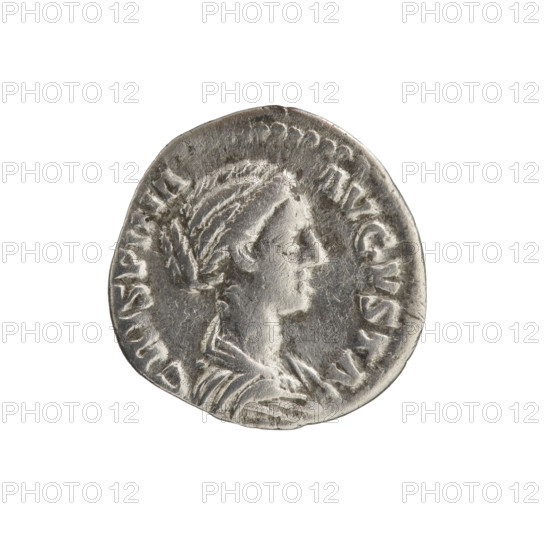 Denarius; obverse: bust of Crispina in drapery facing right, inscription 'CRISPINA AVGVSTA'; reverse: Venus stands, turns head left, holds an apple in her extended right hand and adjusts her robe on her shoulder with her left hand, inscription 'V E NVS'. Issued under Commodus (emperor 177–192) and featuring Crispina (empress, c.164–192). Roman, dated 178–183, Rome; coin; diameter ~17.5–18.5 mm; weight 2.75 g; axis 0°.
