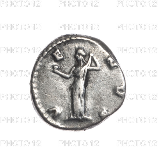 Denarius; obverse: bust of Crispina in drapery facing right, inscription 'CRISPINA AVGVSTA'; reverse: Venus stands straight, turns her head left, holds an apple in her extended right hand, adjusts her robe on her shoulder with her left hand, inscription 'V E NVS'. Issued under Commodus (Roman emperor 177–192) and featuring Crispina (Roman empress, fl. 178–192). Date: 178–183. Rome, Roman Empire (27 BC–476). Coin; diameter 17.5–18.5 mm, weight 2.75 g, axis 0°.
