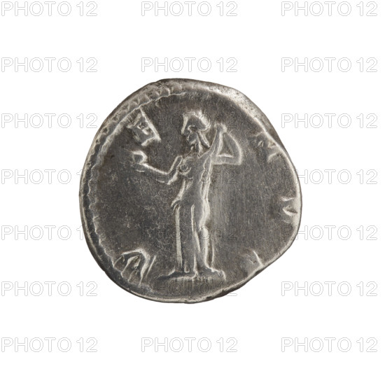 Denarius, Crispina (164–192?, Roman empress 178–192), issuer Commodus (161–192, Roman emperor 177–192). Obverse: Bust of Crispina in drapery facing right, inscription 'CRISPINA - AVGVSTA' all around. Reverse: Venus stands straight, turns her head to the left, holds an apple in her extended right hand, adjusts her robe on her shoulder with her left hand, inscription 'V - E - NVS' all around. Date: 178–183. Place: Rome, Roman Empire. Material: coin. Diameter: 17.5–18.5 mm. Weight: 2.75 g. Axis: 0°.