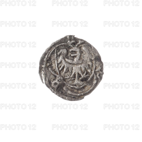 Louis II (Duke of Brzeg; ca. 1380–1436); Andrzej Kazimierz Potocki (1861–1908); Jadwiga of Silesia (Saint; 1174–1243); eagles; letters; Silesian eagle (iconographic); letters L/B - D; Silesian coat of arms (iconographic); Ryszard Antoni (1841–1894); shield with an eagle (iconographic); shields; models of churches; coat of arms; AR punch; Potocki-base. Obv.: In the trefoil a shield with the Silesian eagle, at the top and on the sides the letters L/B -. Rev.: Bust of Saint Jadwiga with the image of the church. 1399–1436, Silesia, Duchy of Brzeg-Legnica-Wolów, Brzeg. Coin; diameter 12.0 mm; weight 0.17 g; axis 315°.
