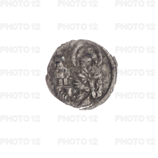 Obv. In the trefoil a shield with the Silesian eagle, at the top and on the sides the letters L/B -, Rev. Bust of Saint Jadwiga with the image of the church. Louis II (Duke of Brzeg-Legnica; ca. 1380–1436). 1399–1436, Silesia, Duchy of Brzeg-Legnica-Wolów, Brzeg. Coin; diameter 12.0 mm, weight 0.17 g, axis 315°. Iconography: Silesian eagle, shield with an eagle, coat of arms, letters L/B, AR punch. Subjects: Louis II (Duke of Brzeg), Saint Jadwiga of Silesia, models of churches.