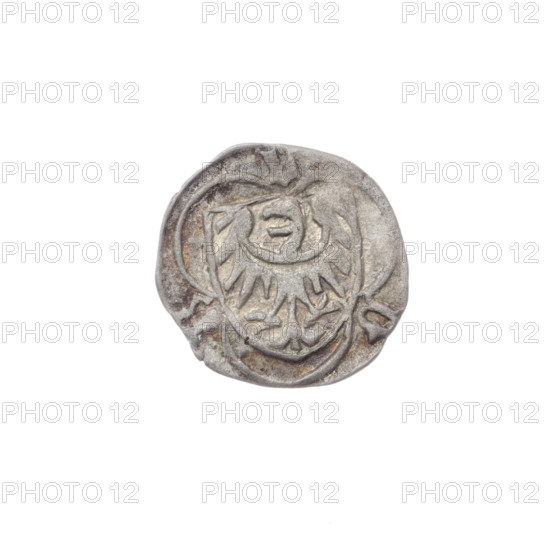Obverse: In the trefoil a shield with the Silesian eagle; at the top and on the sides the letters L/B - D. Reverse: Bust of Saint Jadwiga with the image of a church. Coin of Louis II (Duke of Brzeg–Legnica; ca. 1380–1436). Inscription elements: eagles, letters, Silesian eagle iconography, shields, Silesian coat of arms, models of churches, coats of arms. Date range: 1399–1436. Place: Silesia, Duchy of Brzeg–Legnica–Wolów, Brzeg. Coin; diameter 12.3 mm; weight 0.26 g; axis 90°.