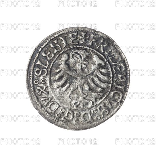 Frederick II (Duke of Brzeg-Legnica; 1480–1547), Jadwiga of Silesia (Saint; 1174–1243), Silesian eagle (iconographic), church model motif; obverse: Silesian eagle, in the rim between pearl borders the inscription '+FRIDERICVS:D:G:DVX:SLESIE'; reverse: half-figure of Saint Jadwiga with an image of a church, in the rim between the pearl borders the inscription '+MONETA:DVCIS:LEGNICENSIS'; date range 1505–1547; Silesia, Duchy of Brzeg-Legnica-Wolów, Legnica; coin; diameter 24.8 mm; weight 1.94 g; axis 315°.