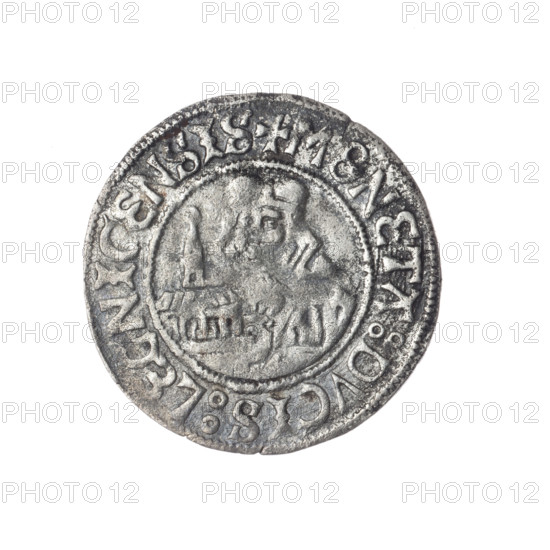 Frederick II (Duke of Brzeg-Legnica; 1480–1547); Jadwiga of Silesia (Saint; 1174–1243); eagles, Silesian eagle (iconographic); church model; message. Coin, diameter 24.8 mm, weight 1.94 g, axis 315°. Obverse: Silesian eagle; in rim between pearl borders the inscription +FRIDERICVS:D:G:DVX:SLESIE. Reverse: Half-figure of Saint Jadwiga holding a model of a church; in rim between pearl borders the inscription +MONETA:DVCIS:LEGNICENSIS. Date range c.1505–1547; Silesia, Duchy of Brzeg-Legnica-Wolów, Legnica.