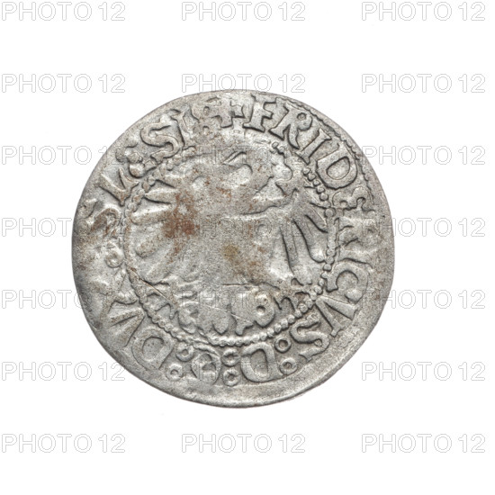 grosz, Frederick II (Duke of Brzeg-Legnica; 1480–1547); Jadwiga of Silesia (Saint; 1174–1243); eagles; Silesian eagle (iconographic); church model; obverse: Frederick II, in rim between pearl borders inscription '+FRIDERICVS:D:G:DVX:SLESIE'; reverse: half-figure of Saint Jadwiga holding an image of a church, in rim between pearl borders inscription '+MONETA:DVCIS:LEGNICZENS'; date range 1505–1547; Silesia, Duchy of Brzeg-Legnica-Wolów, Legnica; coin; diameter 24.7 mm; weight 1.73 g; axis 320°.