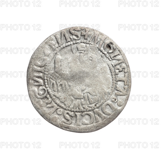grosz; Frederick II (Duke of Brzeg-Legnica; 1480–1547); Saint Jadwiga of Silesia (1174–1243); eagles, Silesian eagle (iconographic); church model; obverse: Silesian eagle, in the rim between the pearl borders the inscription +FRIDERICVS:D:G:DVX:SLESIE; reverse: half-figure of Saint Jadwiga holding an image of a church, in the rim between the pearl borders the inscription +MONETA:DVCIS:LEGNICZENS; date range 1505–1547; Silesia, Duchy of Brzeg-Legnica-Wolów, Legnica; coin; diameter 24.7 mm; weight 1.73 g; axis 320°.