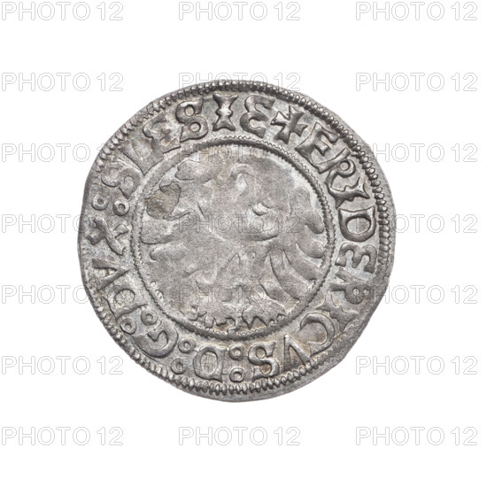grosz; Frederick II (Duke of Brzeg-Legnica; 1480–1547); Jadwiga of Silesia (Saint; 1174–1243); eagles, Silesian eagle (iconographic); models of churches; av. Silesian eagle; rim inscription '+FRIDERICVS:D:G:DVX:SLESIE'; rev. half-figure of Saint Jadwiga with an image of a church; rim inscription '+MONETA:DVCIS:LEGNICENSIS'; date range 1505–1547; provenance Silesia, Duchy of Brzeg-Legnica-Wolów, Legnica; coin; diameter 25.0 mm; weight 2.04 g; axis 135°.