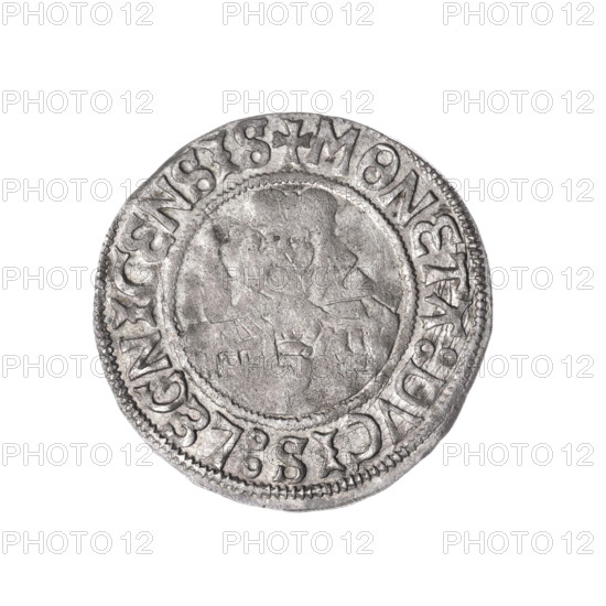 Grosz (coin) depicting Frederick II, Duke of Brzeg-Legnica (1480–1547) and Saint Jadwiga of Silesia (1174–1243); obverse: Silesian eagle (iconographic) and models of churches, inscription on rim between pearl borders: +FRIDERICVS:D:G:DVX:SLESIE; reverse: half-figure of Saint Jadwiga holding an image of a church, rim inscription +MONETA:DVCIS:LEGNICENSIS; dated 1505–1547; Silesia, Duchy of Brzeg-Legnica-Wolów, Legnica; coin, diameter 25.0 mm, weight 2.04 g, axis 135°.