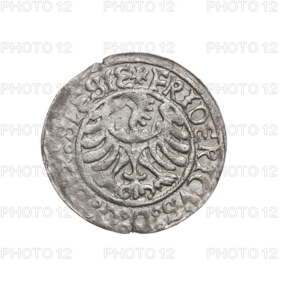 grosz; Frederick II (Duke of Brzeg-Legnica; 1480–1547); Saint Jadwiga of Silesia (1174–1243); eagles, Silesian eagle (iconographic); models of churches; av. Silesian eagle, in the rim between the pearl borders the inscription '+FRIDERICVS:D:G:DVX:SLESIE'; rv. Half-figure of Saint Jadwiga with an image of a church, in the rim between the pearl borders the inscription 'MONETA:DVCIS:LEGNICENSI'; dated 1505–1547; Silesia, Duchy of Brzeg-Legnica-Wolów, Legnica; coin; diameter 24.8 mm; weight 2.07 g; axis 110°