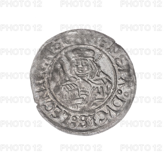 grosz, Frederick II (Duke of Brzeg-Legnica; 1480–1547), Jadwiga of Silesia (Saint; 1174–1243), eagles, Silesian eagle (iconographic), models of churches; Obverse: half-figure of Frederick II; in the rim between the pearl borders the inscription '+FRIDERICVS:D:G:DVX:SLESIE'. Reverse: half-figure of Saint Jadwiga holding an image of a church; in the rim between the pearl borders the inscription 'MONETA:DVCIS:LEGNICENSI'. 1505–1547; Silesia, Duchy of Brzeg-Legnica-Wolów, Legnica; coin; diameter 24.8 mm; weight 2.07 g; axis 110°.