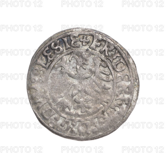 Frederick II (Duke of Brzeg-Legnica; 1480–1547). Obverse: Silesian eagle; in the rim between the pearl borders the inscription '+FRIDERIC, D:G:DVX:SLESIE'. Reverse: Half-figure of Saint Jadwiga with an image of a church; in the rim between the pearl borders the inscription '+MONETA:DVCIS:L, ICENSIS, 1505–1547'. Iconography: Silesian eagle; models of churches. Maker/artist: Jan Szymonski (1887–1954) [attribution]. Silesia, Duchy of Brzeg-Legnica-Wolów, Legnica. Coin; diameter 25.6 mm; weight 1.95 g; axis 220°.