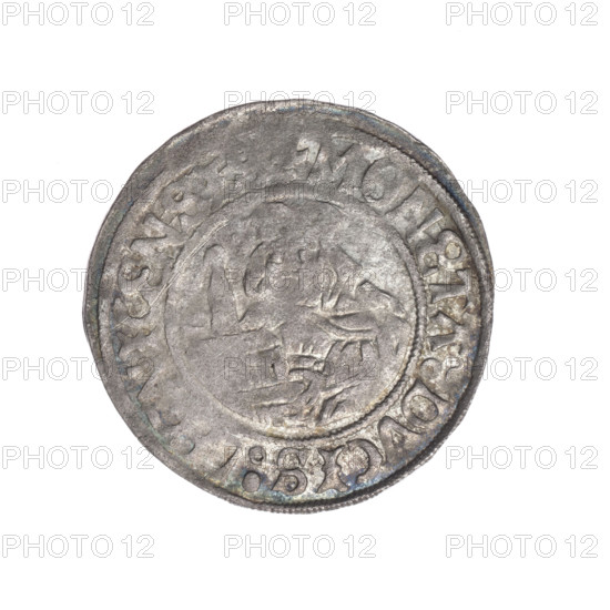 Frederick II (Duke of Brzeg-Legnica; 1480–1547). Silver coin (diameter 25.6 mm, weight 1.95 g, axis 220°), Silesia, Duchy of Brzeg-Legnica-Wolów, Legnica, dated 1505–1547. Obverse: half-figure of Saint Jadwiga of Silesia (St.; 1174–1243) holding an image of a church; in the rim between pearl borders the inscription '+MONETA:DVCIS:L,ICENSIS'. Reverse: Silesian eagle; in the rim between pearl borders the inscription '+FRIDERIC,D:G:DVX:SLESIE'. Mention of eagles and models of churches; iconography: Silesian eagle.