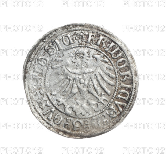 Frederick II (Duke of Brzeg-Legnica; 1480–1547); Saint Jadwiga of Silesia (1174–1243) depicted; Silesian eagle (iconographic); models of churches; coin inscribed on rim between pearl borders beginning with rosette 'FRIDERICVS: G: DVX: SLESIE' and on reverse rim 'COIN, DVCIS: LEGNICENSIS'; half-figure of Saint Jadwiga with image of a church; dated 1505–1547; Silesia, Duchy of Brzeg-Legnica-Wolów, Legnica; coin; diameter 26.3 mm; weight 1.99 g; axis 70 degrees.