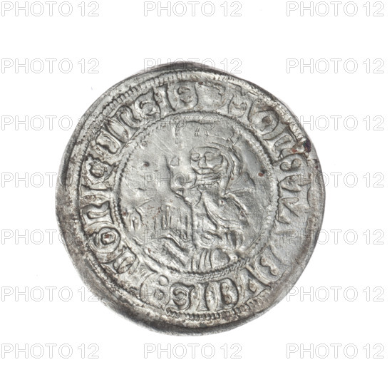Frederick II (Duke of Brzeg-Legnica; 1480–1547), Jadwiga of Silesia (Saint; 1174–1243), eagles, Silesian eagle (iconographic), models of churches; half-figure of Saint Jadwiga with an image of a church; obverse: Silesian eagle, in the rim between the pearl borders an inscription beginning with a rosette 'FRIDERICVS: :G:DVX:SLESIE'; reverse: in the rim between pearl borders an inscription beginning with a rosette 'DVCIS:LEGNICENSIS'; coin, 1505–1547; Silesia, Duchy of Brzeg-Legnica-Wolów, Legnica; diameter 26.3 mm, weight 1.99 g, axis 70 degrees.