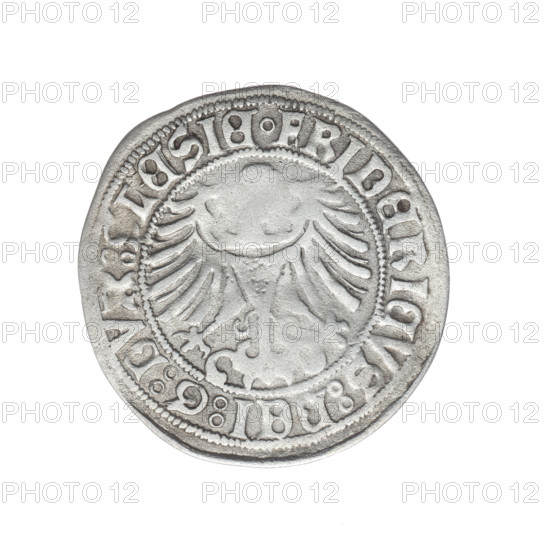 grosz depicting Frederick II (Duke of Brzeg-Legnica; 1480–1547) and Saint Jadwiga of Silesia (1174–1243); obverse: half-figure of Frederick II with Silesian eagle and models of churches, inscription in rim between pearl borders 'FRIDERICVS:DEI:G:DVX:SLESIE'; reverse: half-figure of Saint Jadwiga holding a model of a church, inscription in rim between pearl borders beginning with a rosette 'MONETA:DVCIS:LEGNICENSIS'; dated 1505–1547; Silesia, Duchy of Brzeg-Legnica-Wolów, Legnica; coin; diameter 26.0 mm; weight 1.89 g; axis 0 degrees.