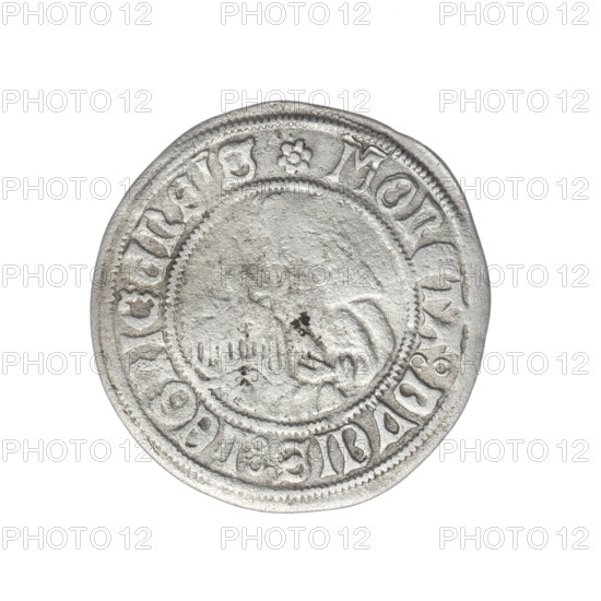 grosz; Frederick II (Duke of Brzeg-Legnica; 1480–1547); Jadwiga of Silesia (Saint; 1174–1243); eagles, Silesian eagle (iconographic); models of churches; obverse: Silesian eagle, in the rim between the pearl borders the inscription '.FRIDERICVS:DEI:G:DVX:SLESIE'; reverse: half-figure of Saint Jadwiga with the image of a church, in the rim between the pearl borders an inscription beginning with a rosette 'MONETA:DVCIS:LEGNICENSIS'; date range 1505–1547; region Silesia, Duchy of Brzeg-Legnica-Wolów, Legnica; coin; diameter 26.0 mm; weight 1.89 g; axis 0 degrees.